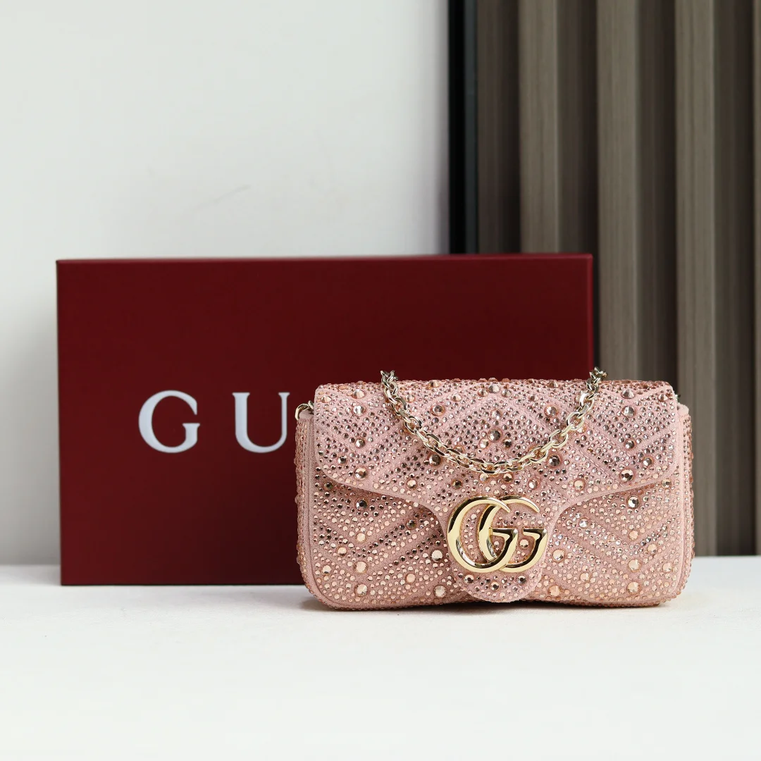 古奇 841290 马蒙亮钻款双G鎏金手袋 女士斜挎包