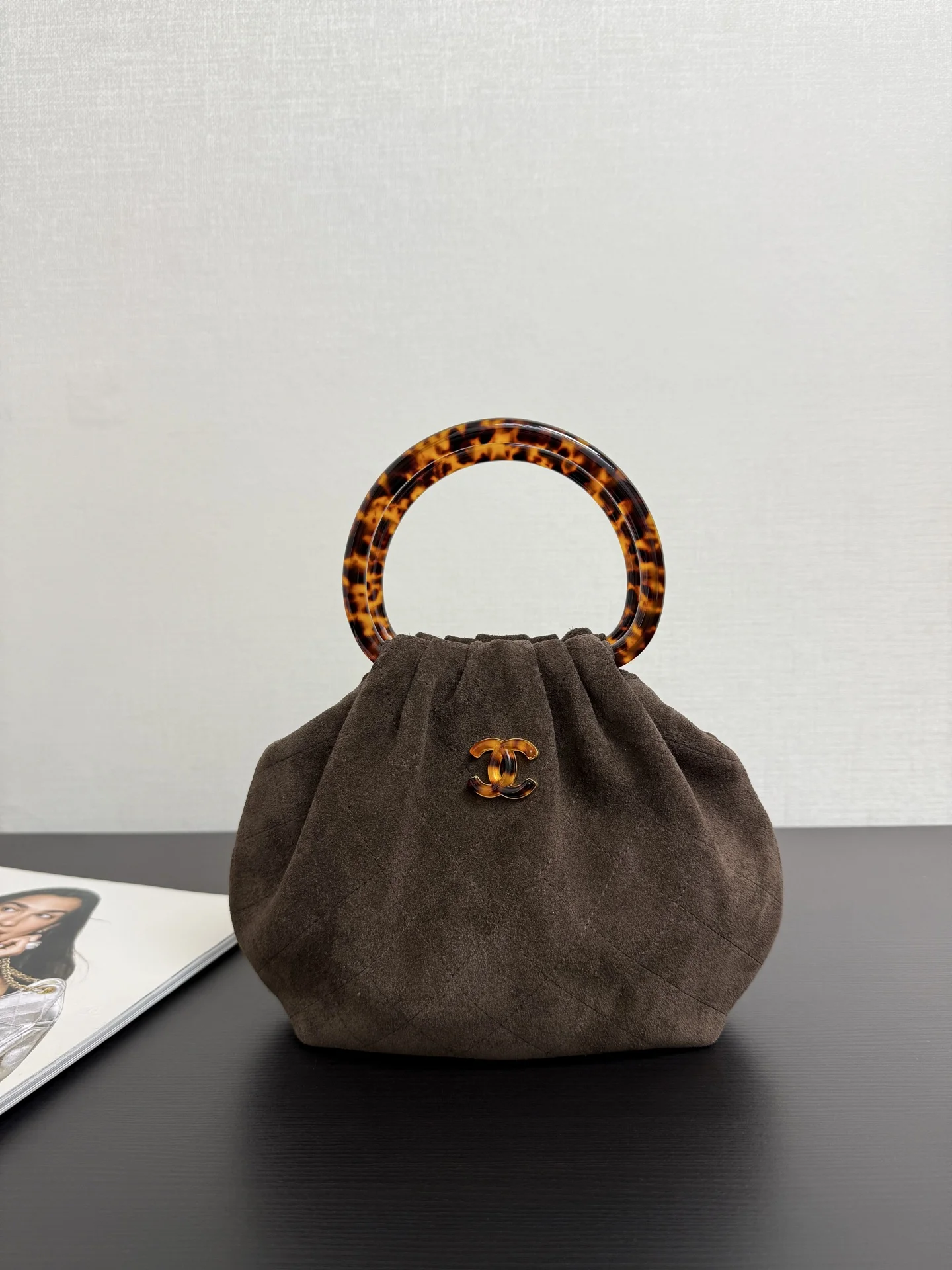 Chanel 99535 Tortoiseshell Handle Suede Small Bag Women s Handbag