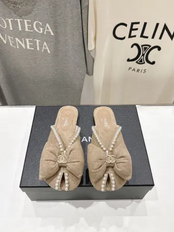 Summer New Pearl Bow Flat Slippers Women s Flat Slippers Replica Chanel Womens Sandals and Slides