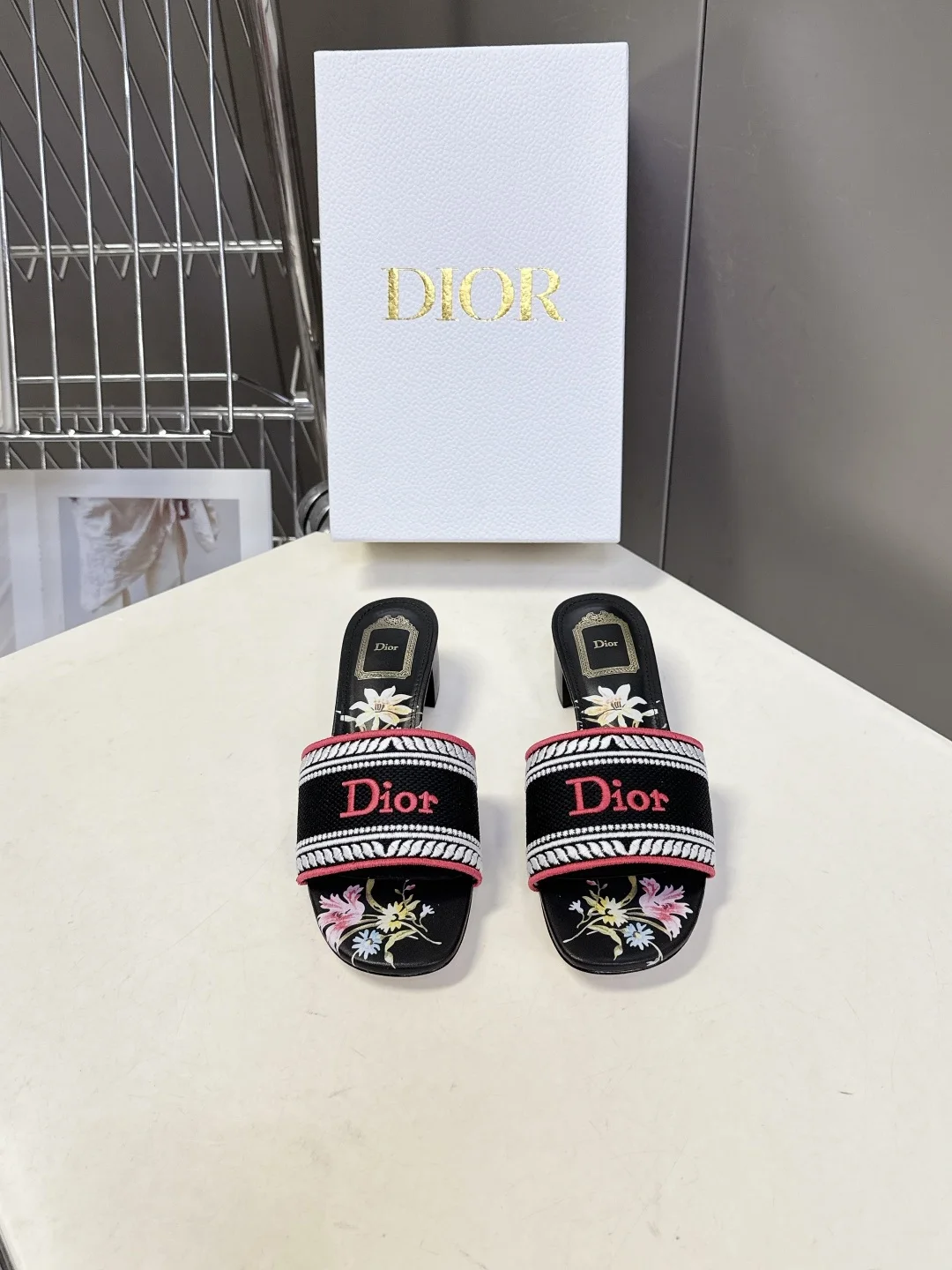 Dior Spring and summer latest embroidered chunky heel slide sandals for women.