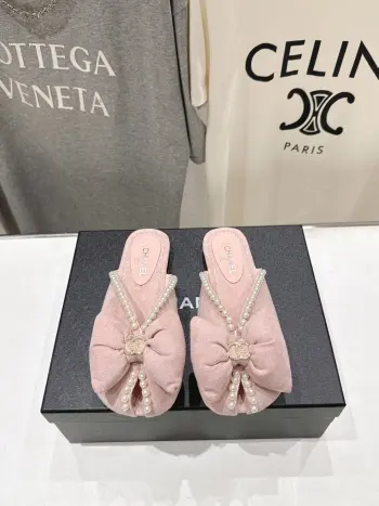 Summer New Pearl Bow Flat Slippers Women s Flat Slippers Replica Chanel Womens Sandals and Slides