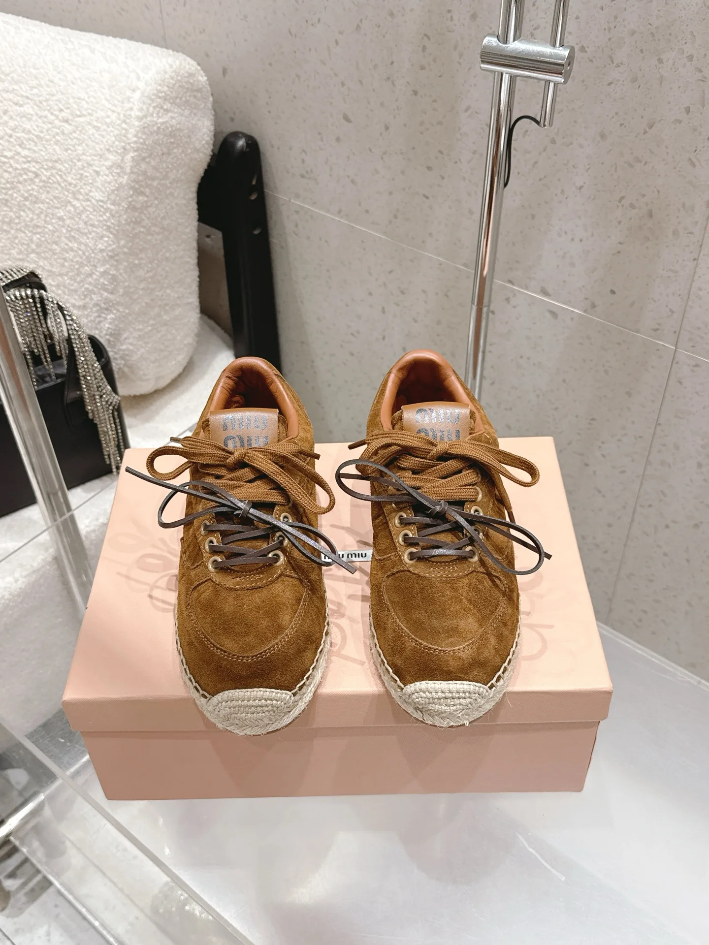 MIU MIU Spring and summer latest style straw-soled training shoes fisherman shoes fisherman shoes