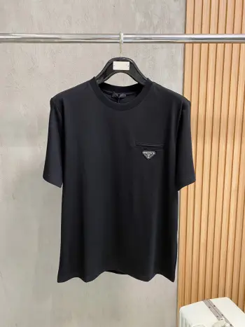 Summer New Triangle Iron Plate Logo Round Neck Short Sleeve T-Shirt Replica Prada Tshirts and Polos
