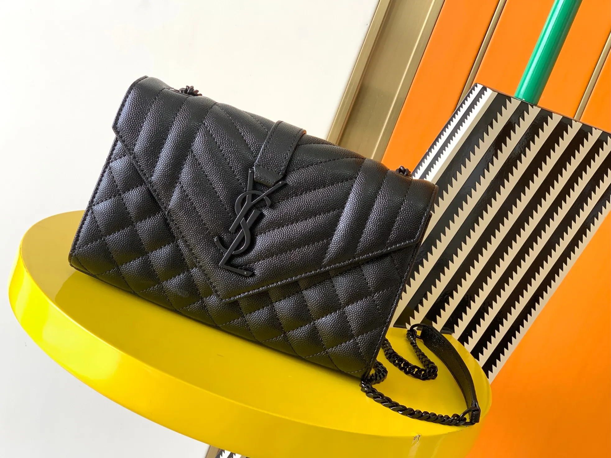 SAINT LAURENT 526286 grain embossed quilted genuine leather envelope bag women s crossbody bag