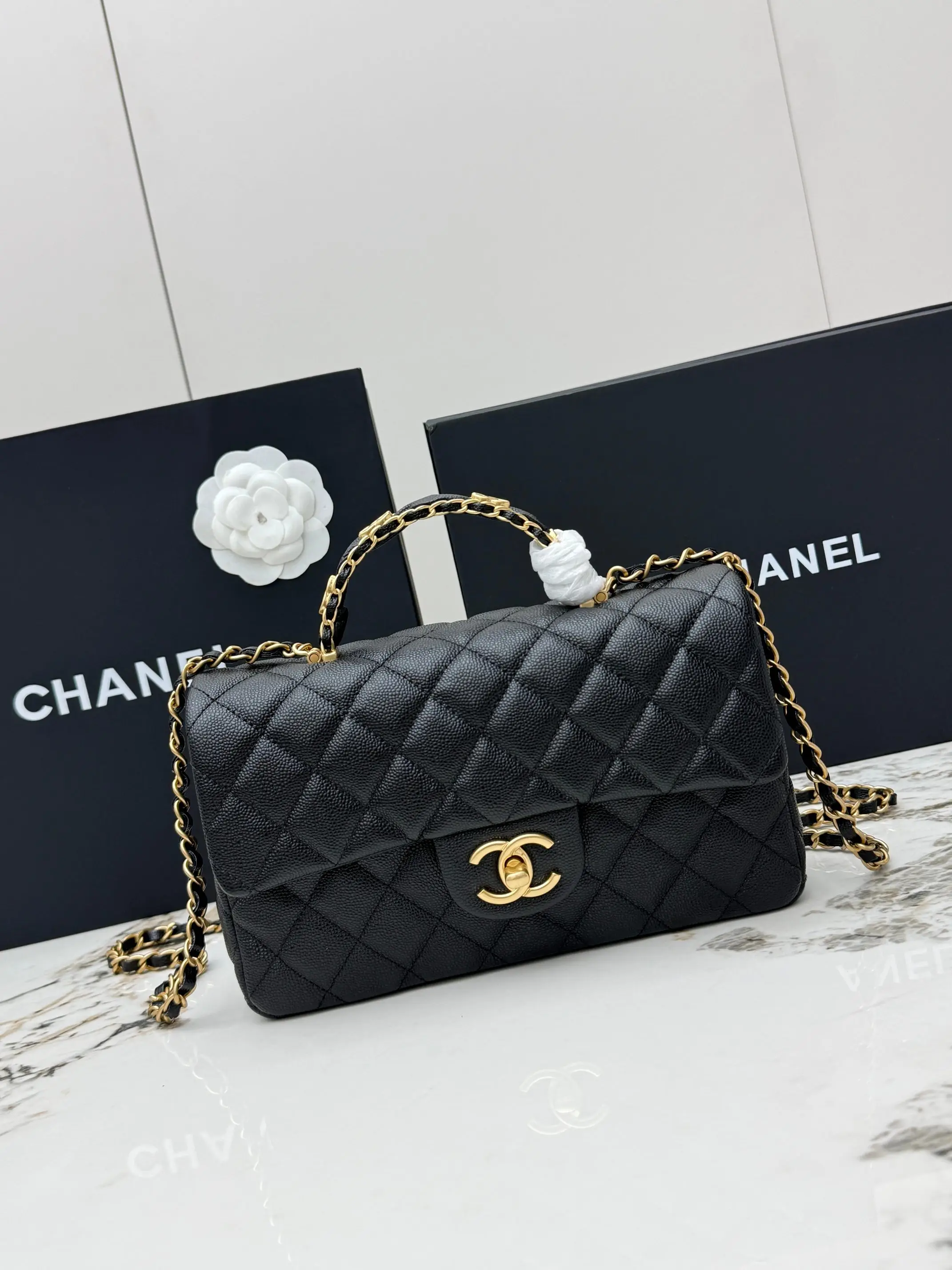 Chanel AS5702 Black Gold Ball Pattern Cowhide Bag Women s Crossbody Bag