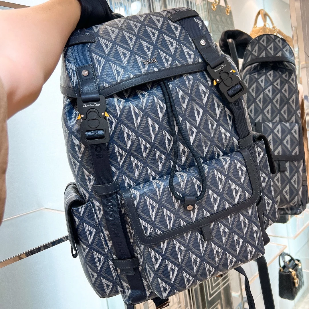 Dior Navy blue diamond pattern canvas blue leather backpack