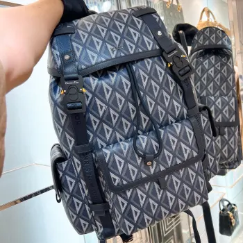 Navy blue diamond pattern canvas blue leather backpack Replica Dior backpacks