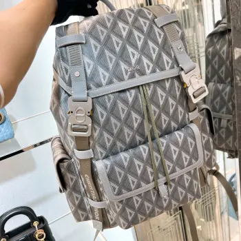 Gray diamond pattern canvas gray leather backpack Replica Dior backpacks