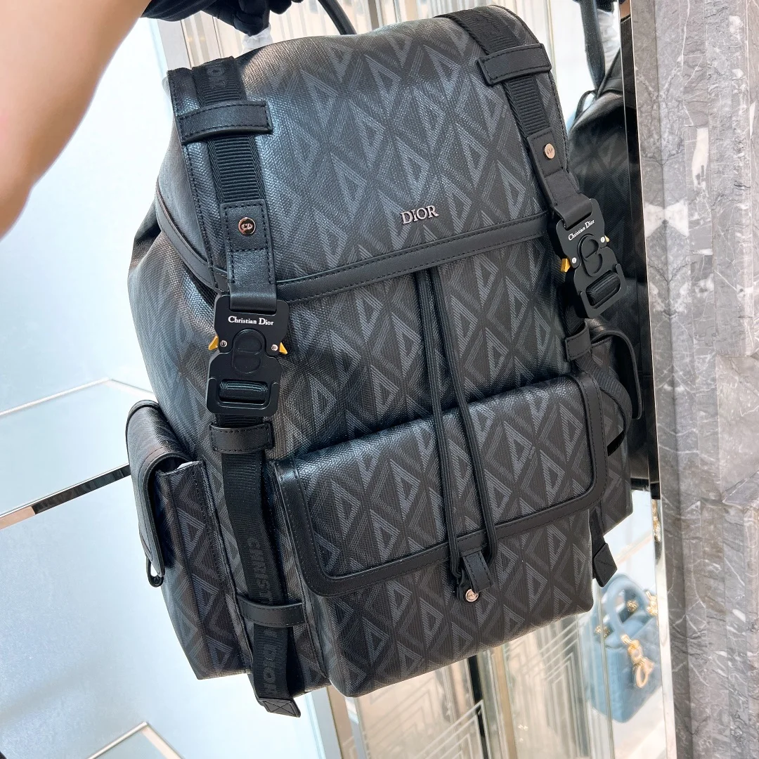Dior Black diamond pattern canvas black leather bag backpack
