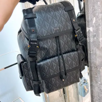 Black diamond pattern canvas black leather bag backpack Replica Dior backpacks
