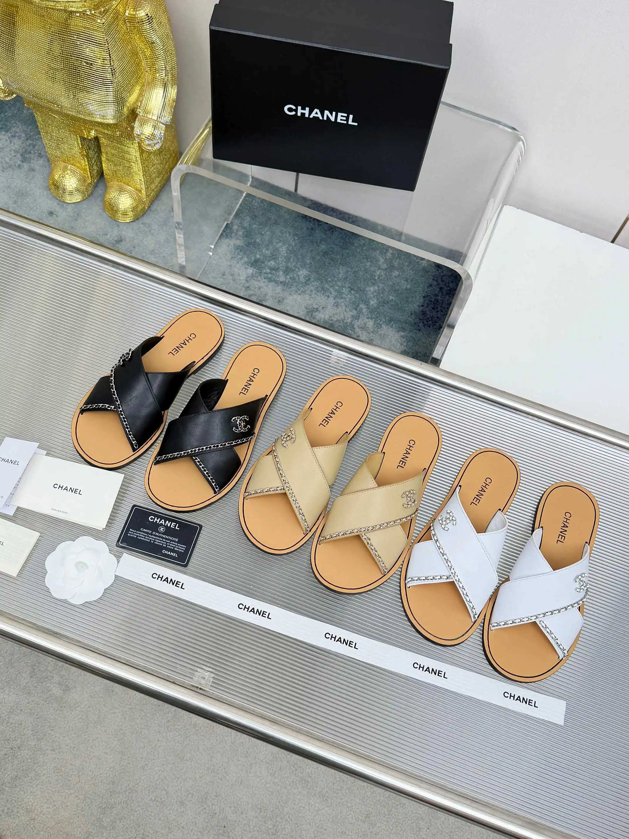 Chanel Sheepskin cross strap sandals women s slippers