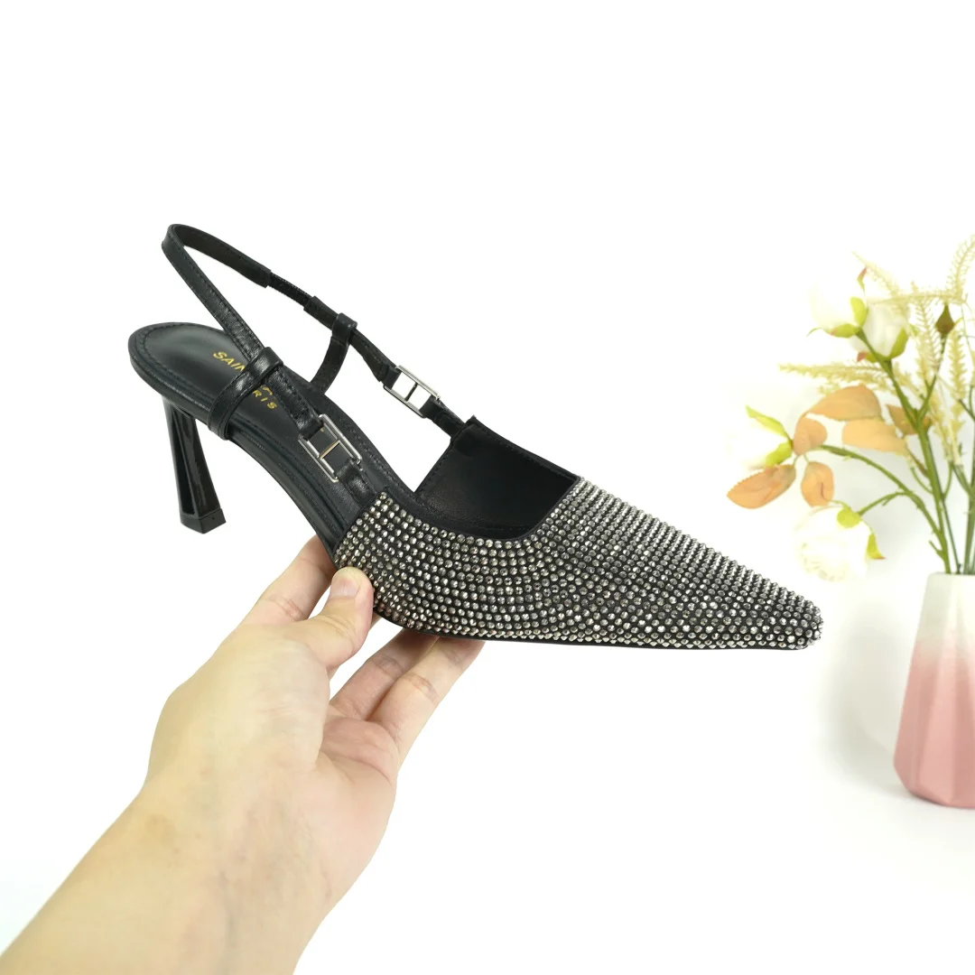 SAINT LAURENT Square toe full rhinestone back strap high heel sandals women s sandals