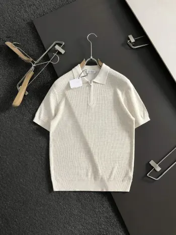 Men s Spring/Summer Solid Color Linen Zip Neck Short Sleeve Replica Brunello Cucinelli Tshirts and Polos