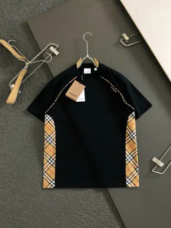 Heavy industry plaid splicing with letter embroidery spring and summer short sleeves Replica Burberry Tshirts and Polos