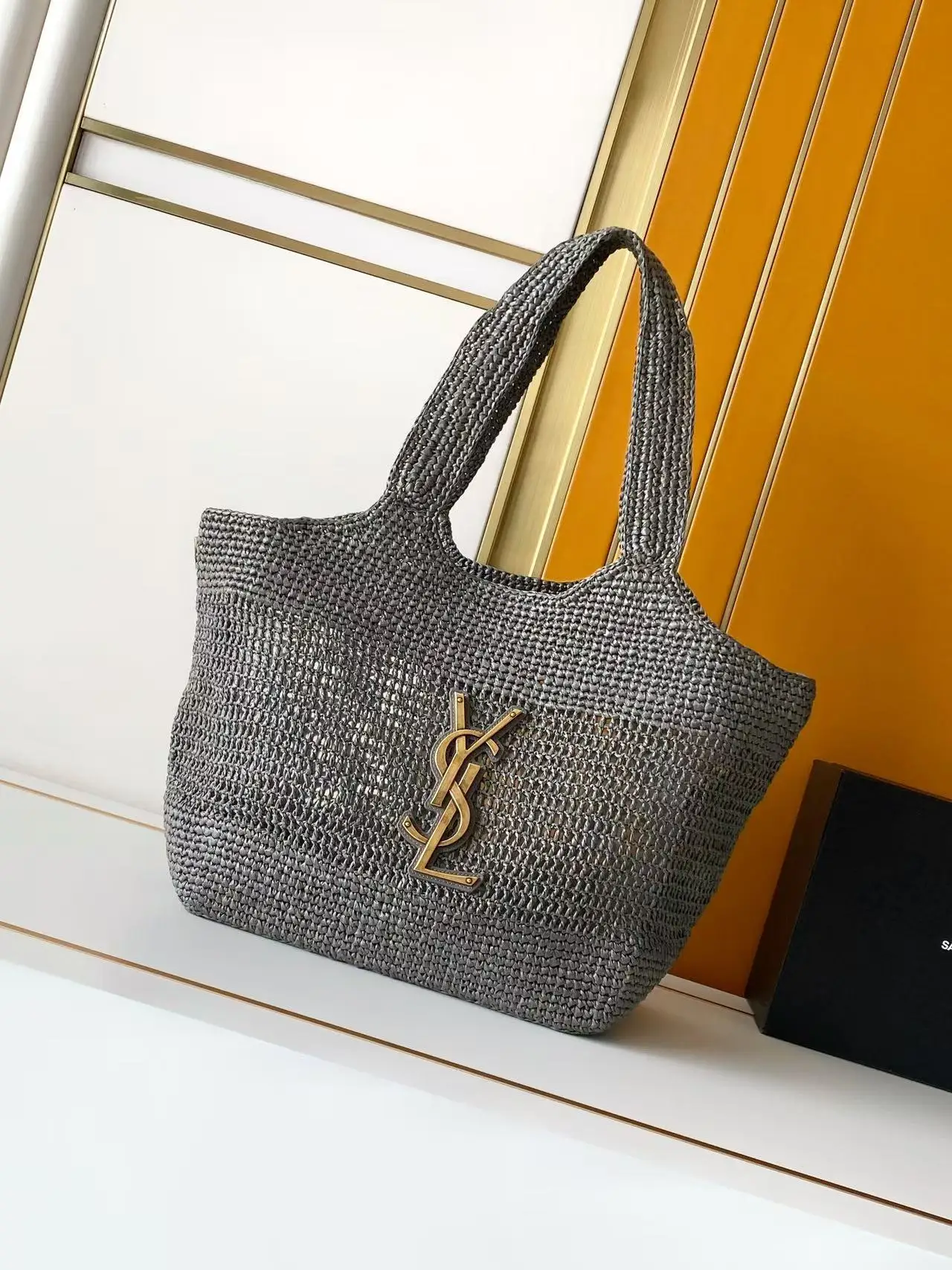 SAINT LAURENT 868748 Woven Gray Gold Shopping Bag Women s Shoulder Bag