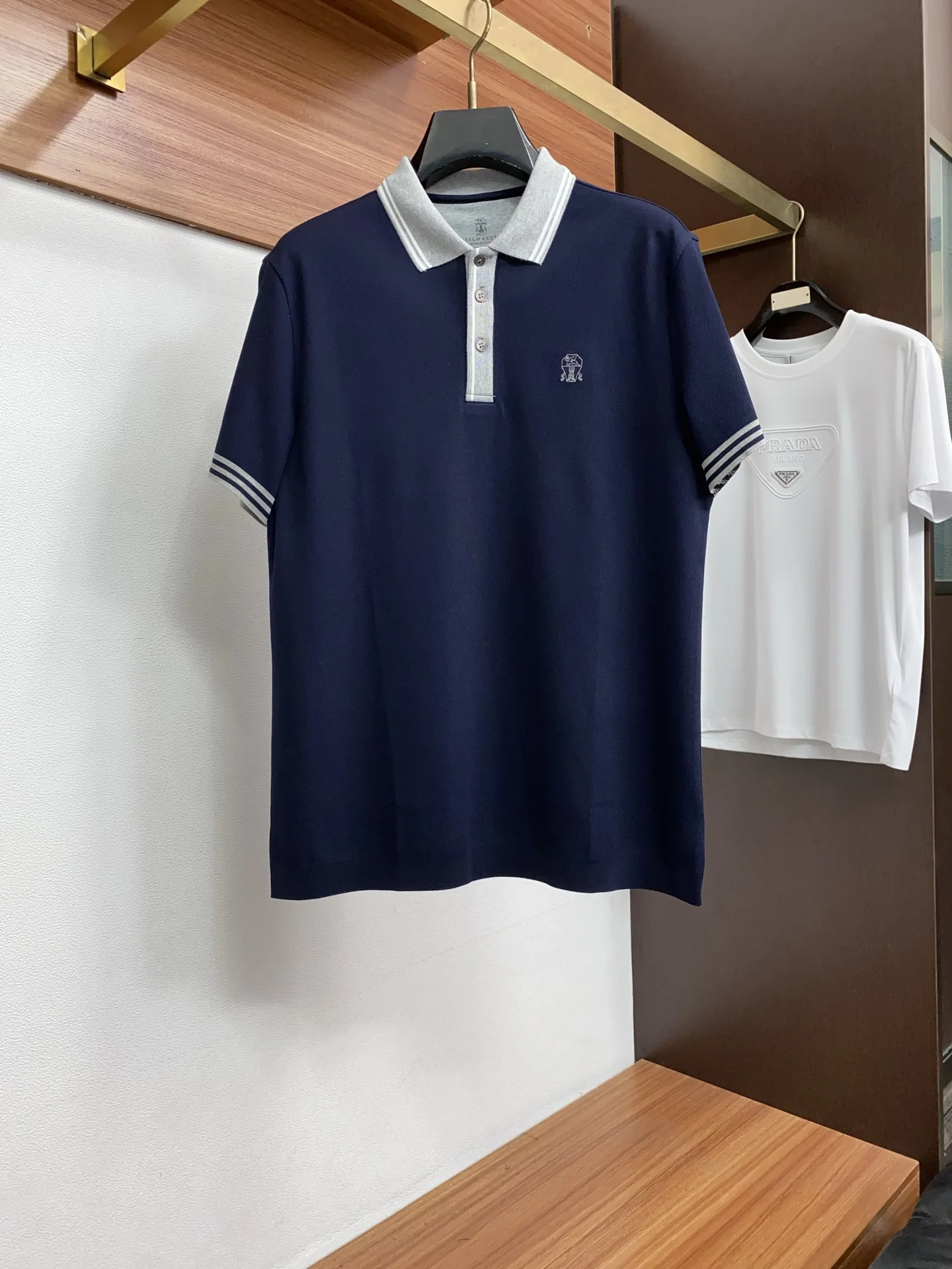 Brunello Cucinelli Spring and Summer New Fine Stripe Pique Business Polo