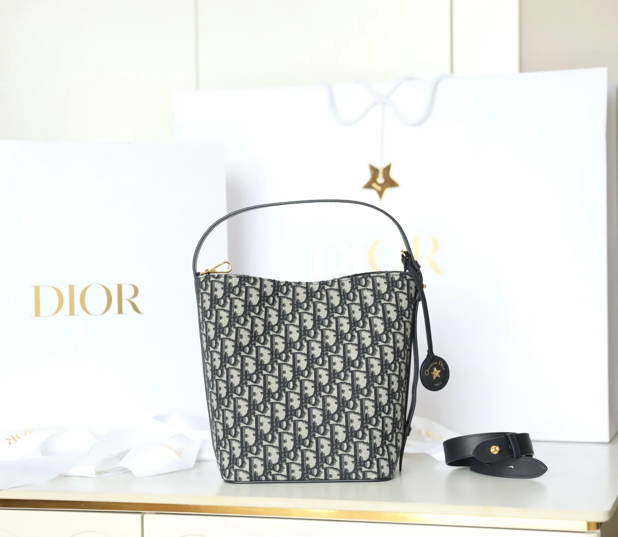Dior Jacquard Fabric Chain Bucket Bag Women s Shoulder Bag