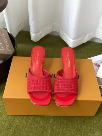Embroidered fabric, kitten, women s sandals. Replica Louis Vuitton Womens Sandals and Slides