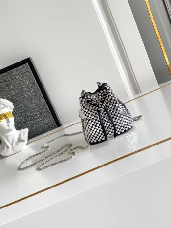 1NR016 Embroidered Grid Small Bucket Fabric Bag Women s Crossbody Bag Replica Prada womens bags