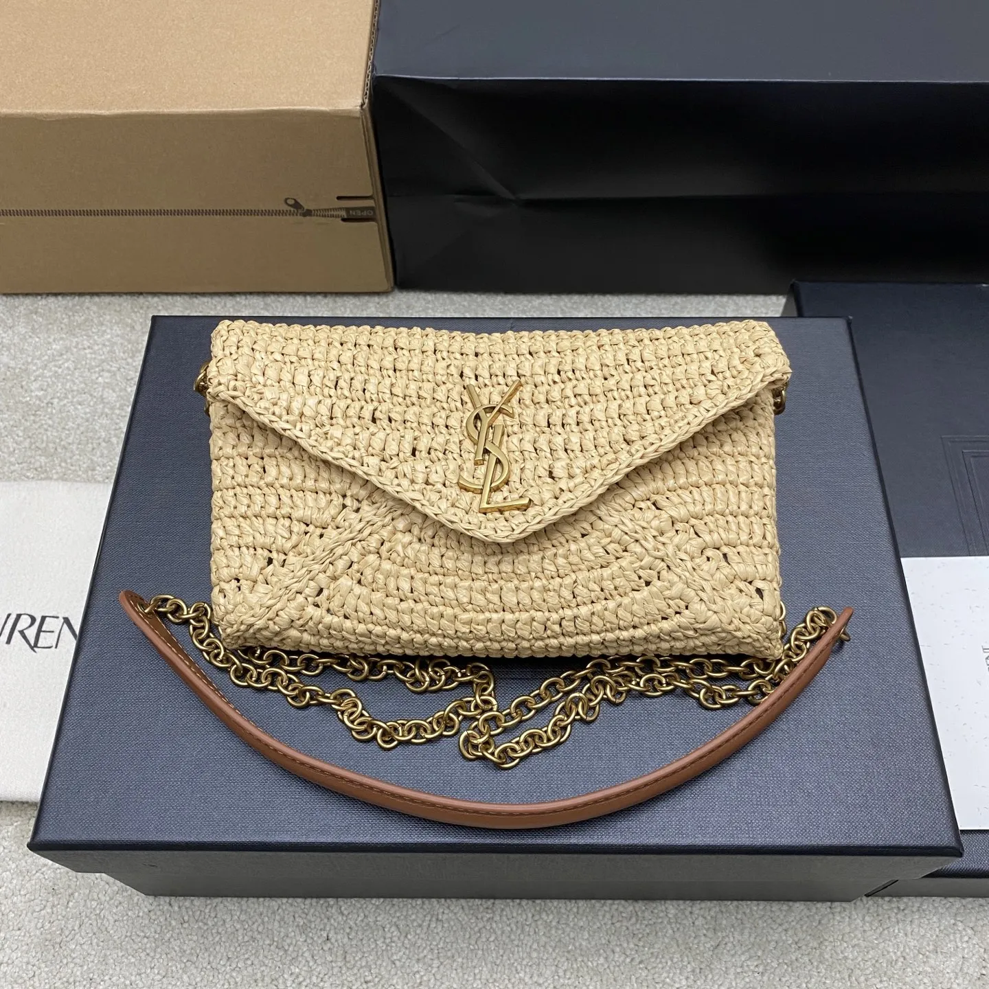 SAINT LAURENT 829271 Apricot Woven Envelope Bag Women s Crossbody Bag